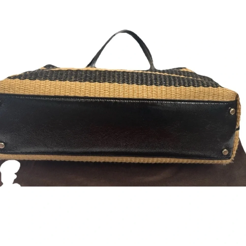 Kate spade Handbag Satchel Straw Leather Shoulder Bag Black Camel Striped